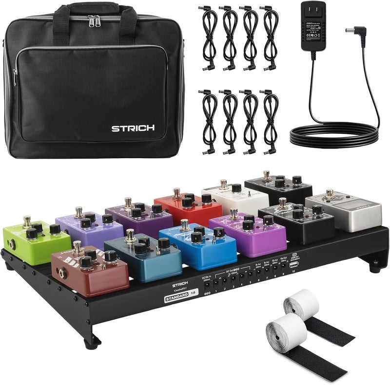 STRICH Guitar Pedal Board with Built-in Power Supply, Pedal Board 18 x 11" Lightweight 2.65lb Aluminum Alloy, PedalBoard with Pedal Cables, Bag, Hook Loop Strips PB-S18 - Image 1